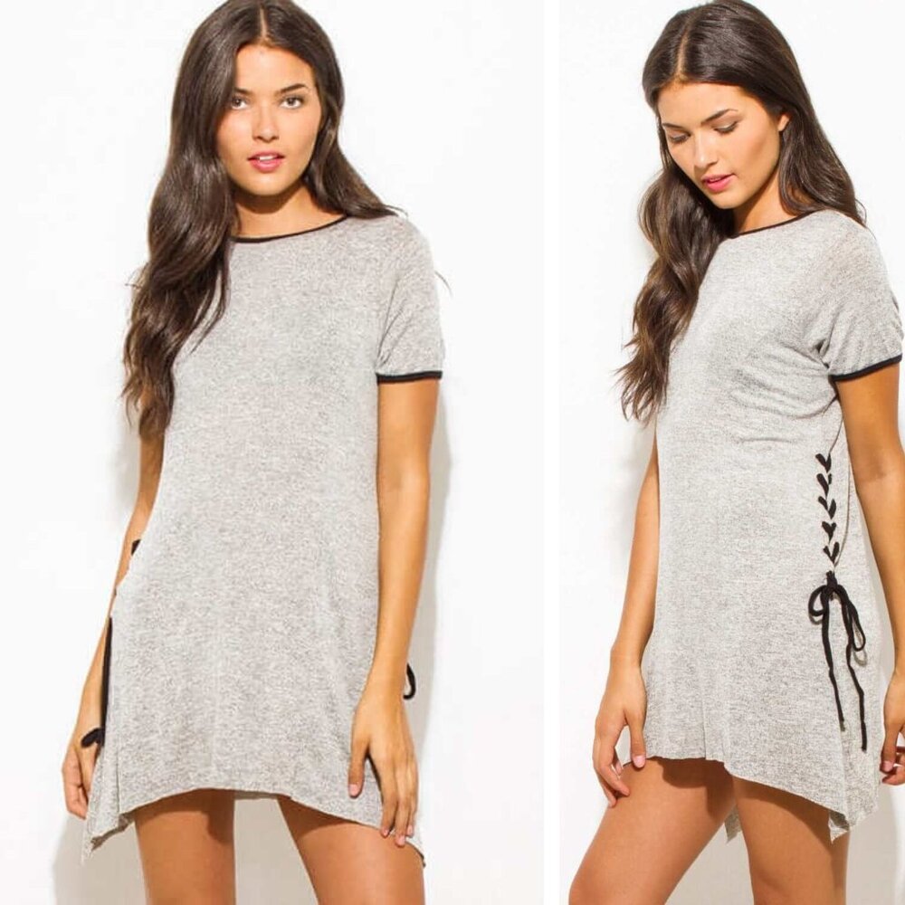 Grey Short Sleeve Lace-Up Knit Top Tunic